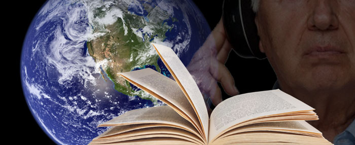 A blind person wearing headphones in front of the Earth, with an open book in front of them.